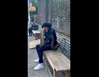 Man hold large python snake bench street