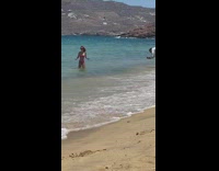 Woman red bikini sunglasses pose on beach