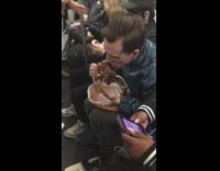 Collab Subway Creatures - Guy riding subway eats chicken from tupperware 