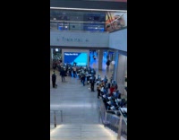 Marching band at train hall after parade