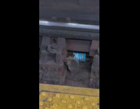Two rats eating out of a can under subway train track