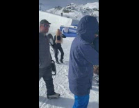 Blonde woman hold snowboard pose snow mountain