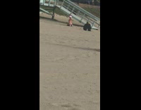 Woman sexy Santa Claus costume kneel beach