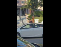 Woman takes pictures on mansion stairs 