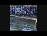 Skaters grind on railings fall down water