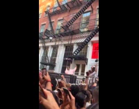 Man dances dancing queen at fire escape part 4