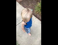 Dad prank little boy blue clothes stick neck