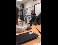 Old woman teacher in class acts like a monkey jumps on table 