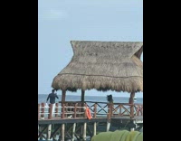 Woman in a bikini run towards the nipa hut