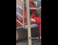 Woman sits in train with chicken 