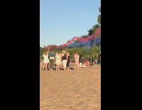 Two groups women different photo shoot beach