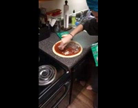 Girl pizza blend cheese blue towel homemade kitchen