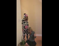 Girl drinks out of cow udder costume