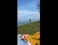 Quarantine jump pose blue jacket park girl