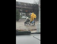 Man in Bike Pushes Covered Baby Stroller 