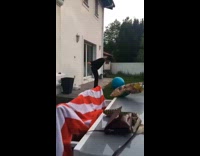 guy roles on blue yoga ball