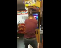 Guy jean jacket misses weak punch punching bag game
