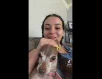 Girl pretends to take hit of vape dogs ear 