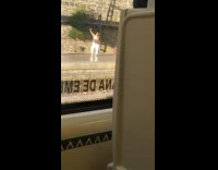 Woman white crop top selfie with smoke train station