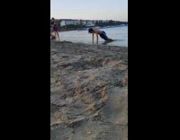 Guy blue shorts lay on beach pose