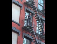 Man dances dancing queen at fire escape part 1
