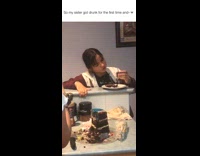 Drunk girl eats cake falls over kitchen 