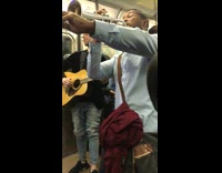 Collab Subway Creatures - group of men playing instruments on subway train