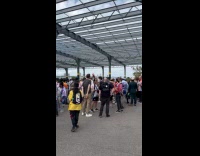 Group of anime fans gathered outside convention