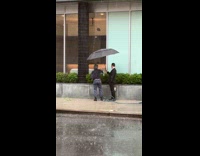 Woman watering plants and sidewalk with doorman