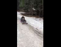 Woman with baby rides on sled downhill