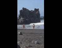 Four women bikini handstand help beach fall