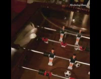 MUSIC Cat Tries to Get Soccerball Out of Foosball Table