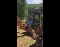 dog on on yellow machine with shirtless man