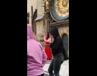 pt 2 woman long red dress old clock 