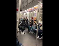 Person with alien costume walking thru train