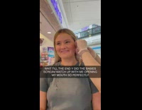 Girl opens mouth same time baby cries at mall