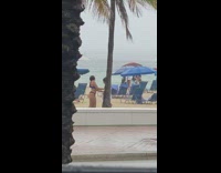 Girl blue bikini lean tree beach rain