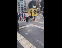 Woman white short bra Trump head street