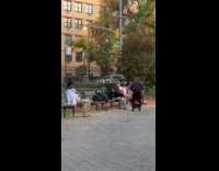 Group of guys plays drums at park