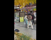 Woman hold golden leaf sit ledge Korea