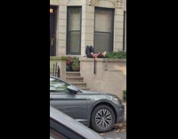 Woman lay on ledge open and close legs