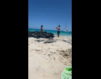 Woman in neon green bikini poses on the beach rocks
