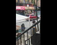 Yellow shirt girl squats white canopy road 