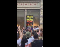 Crowd of people tell old man to suck their dick for holding up homophobic sign 