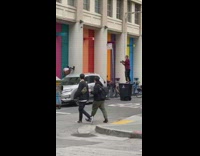 girl leopard pants colorful building