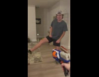 Guy shoots friends thigh with nerf gun with pin on bullet
