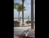 Woman in white dress leans on the palm tree at the beach