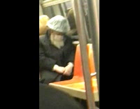 Old man wraps hat in plastic is asleep