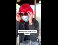 Girl pranks dad in salon store in red wig 