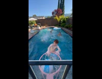 Boys passes ball and shoots in pool